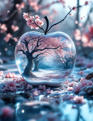 The primary subject of the image is a glass apple, which is a reflection of a tree with pink flowers. The setting is a snowy landscape, and the visual style is a combination of photo and digital art. The dominant colors are pink and white, creating a serene and peaceful atmosphere.